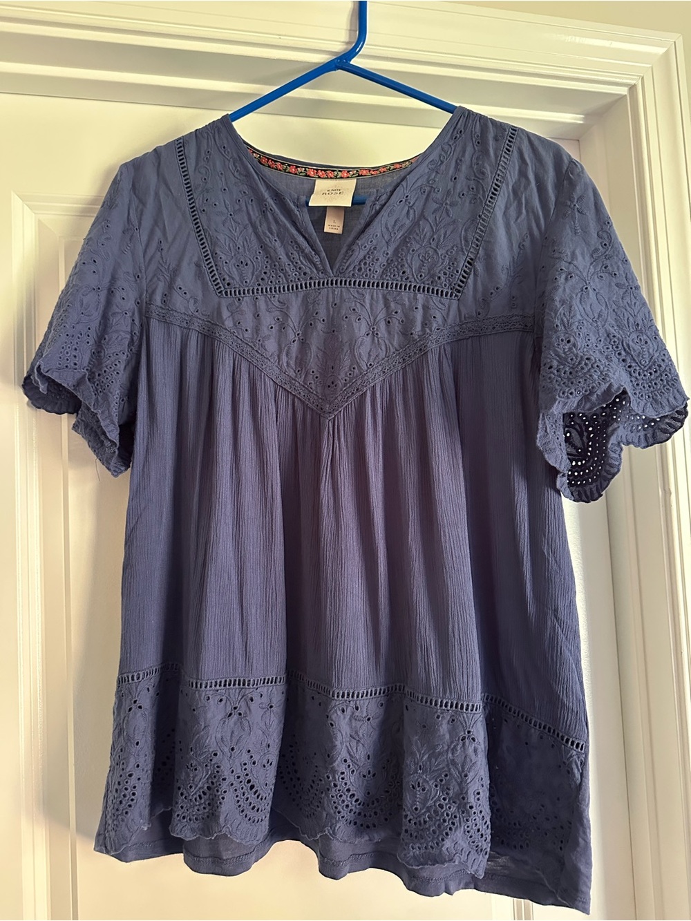 Knox Rose Indigo Blue Eyelet Peasant Top